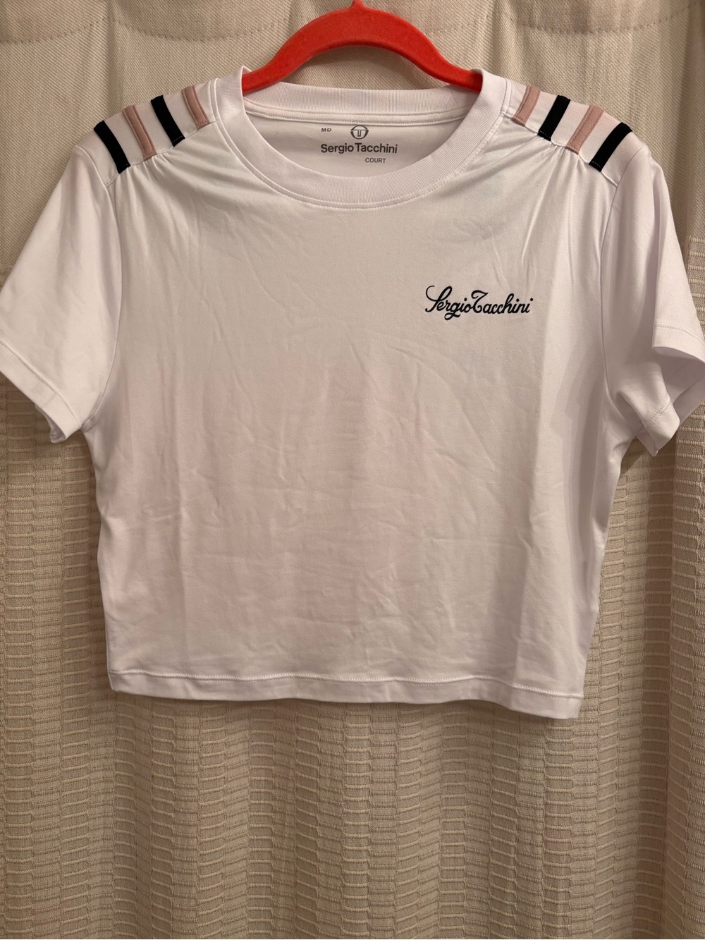 Sergio Tacchini White Crop Tee with Shoulder Stripe Detail